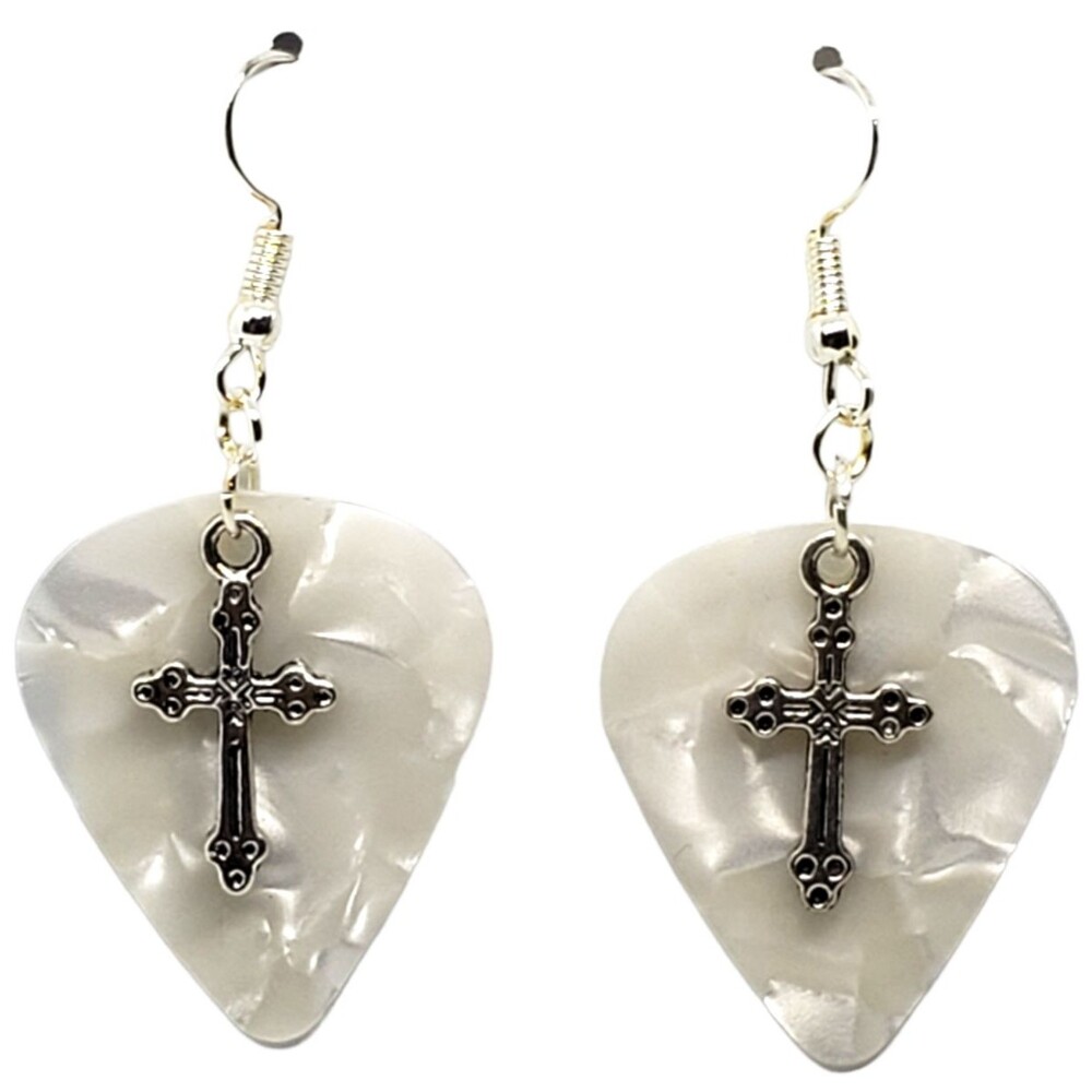 Bubbly Cross Religious Charm on Guitar Pick Earrings - Choose Color - Handmade